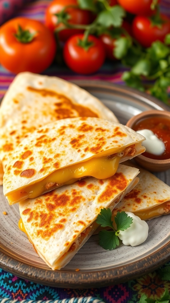 Taco Bell Style Quesadilla Recipe A crispy quesadilla cut into wedges, served with salsa and sour cream on a colorful table.
